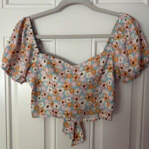 Altar’d State Floral Puff Sleeve Crop Top XS Tie Back Cottagecore